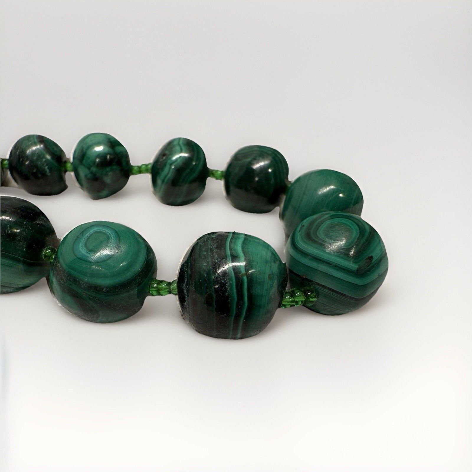 Vintage Chinese Malachite Natural Carved Green Gemstone Beaded Necklace 12”